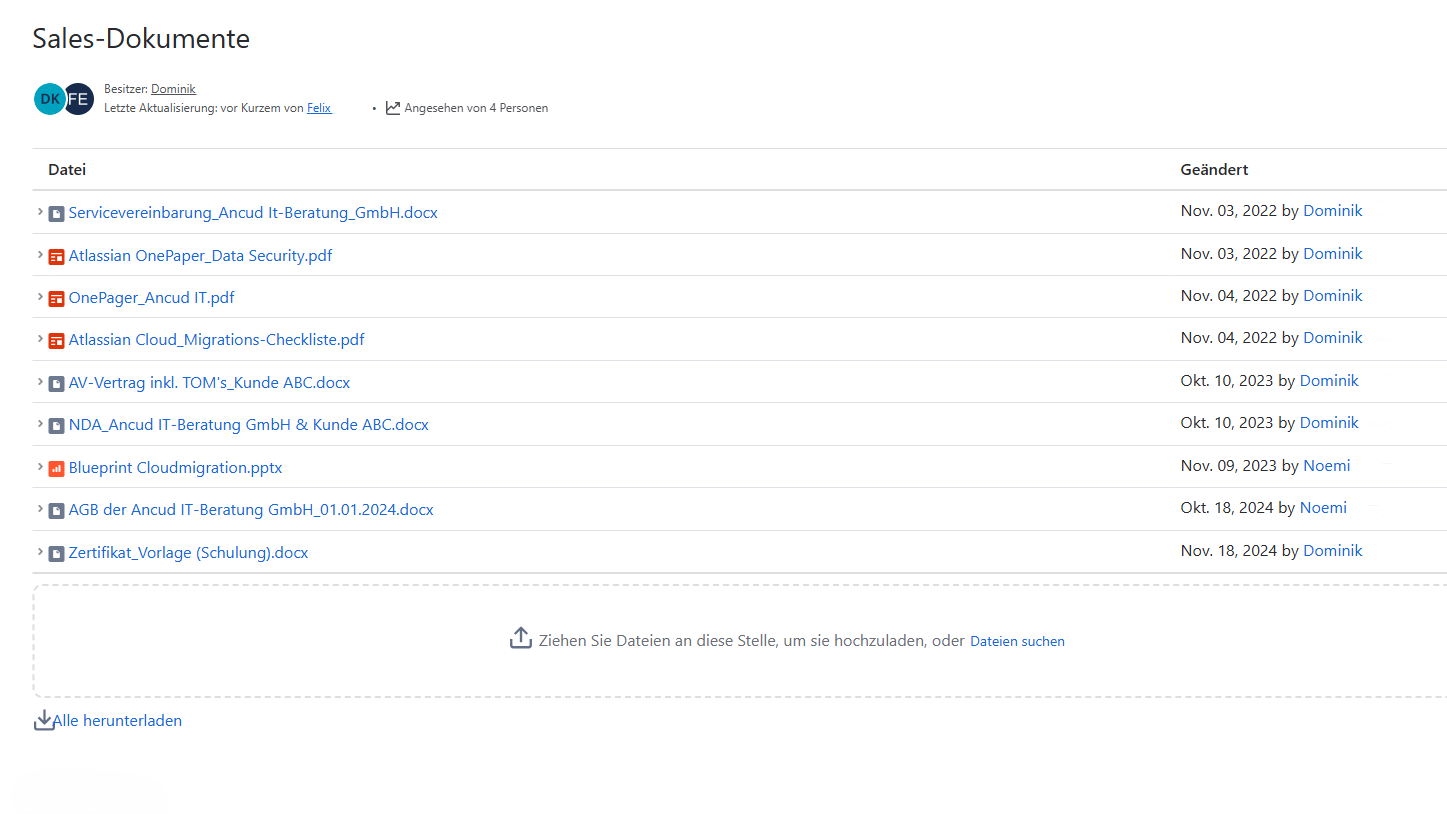 Screenshot der Confluence Dokumentenverwaltung mit einer Spalte für die Auflistung verschiedener gespeicherter Dokumente und einer weiteren Spalte mit dem Änderungsdatum und dem Namen des Mitarbeiters.