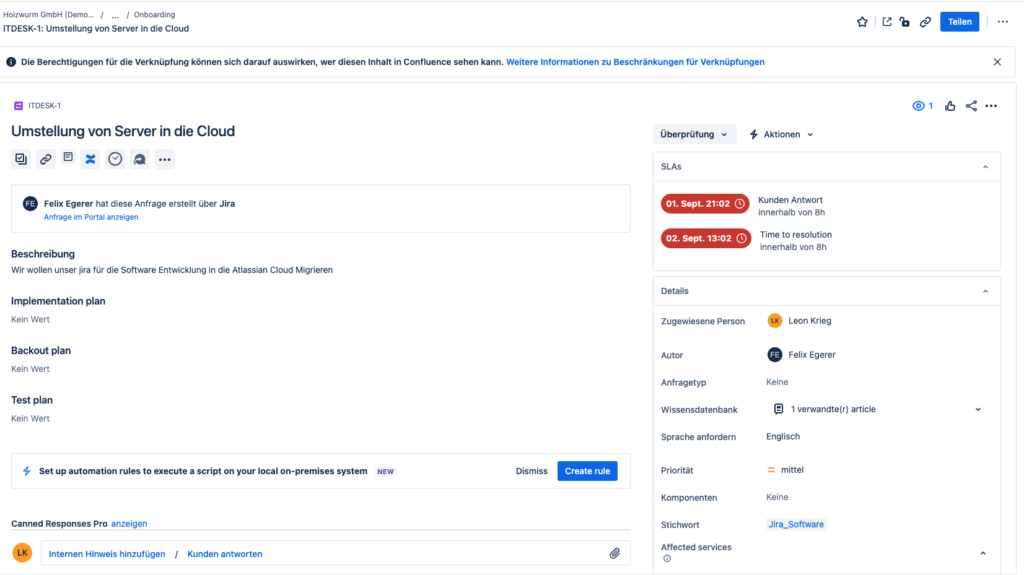 Screenshot eines beispielhaften Kalendereintrags mit der Überschrift "Umstellung von Server in die Cloud" zur Darstellung der Jira-Integration