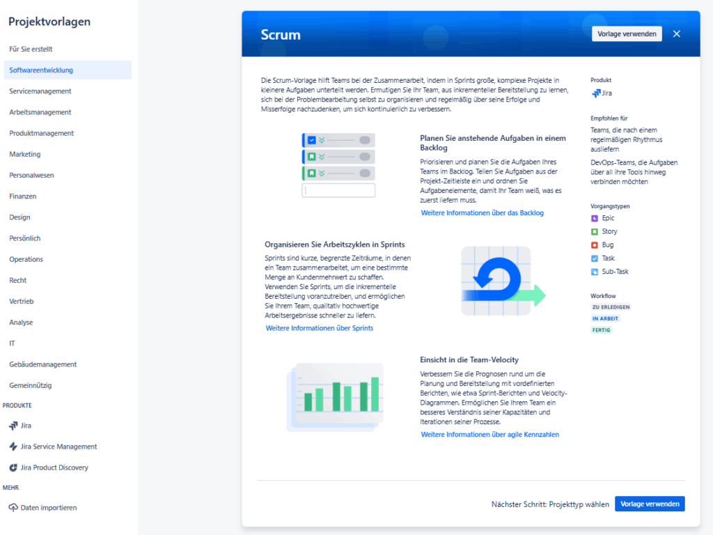 Jira Screenshot der Oberfläche für Projektvorlagen für verschiedene Kategorien mit einer Beispielvorlage zu Scrum und Buttons zum Verwenden der Vorlage und einem Button für den nächsten Schritt: Projekttyp wählen.