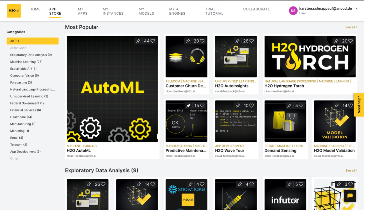 screenshot h2o.ai ai appstore oberfläche