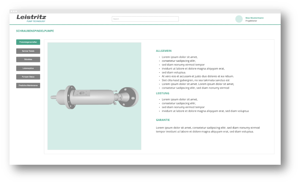 Screenshot einer Benutzeroberfläche, die neben dem Abbild der Schraubenspindelpumpe allgemeine Produktinformationen anzeigt