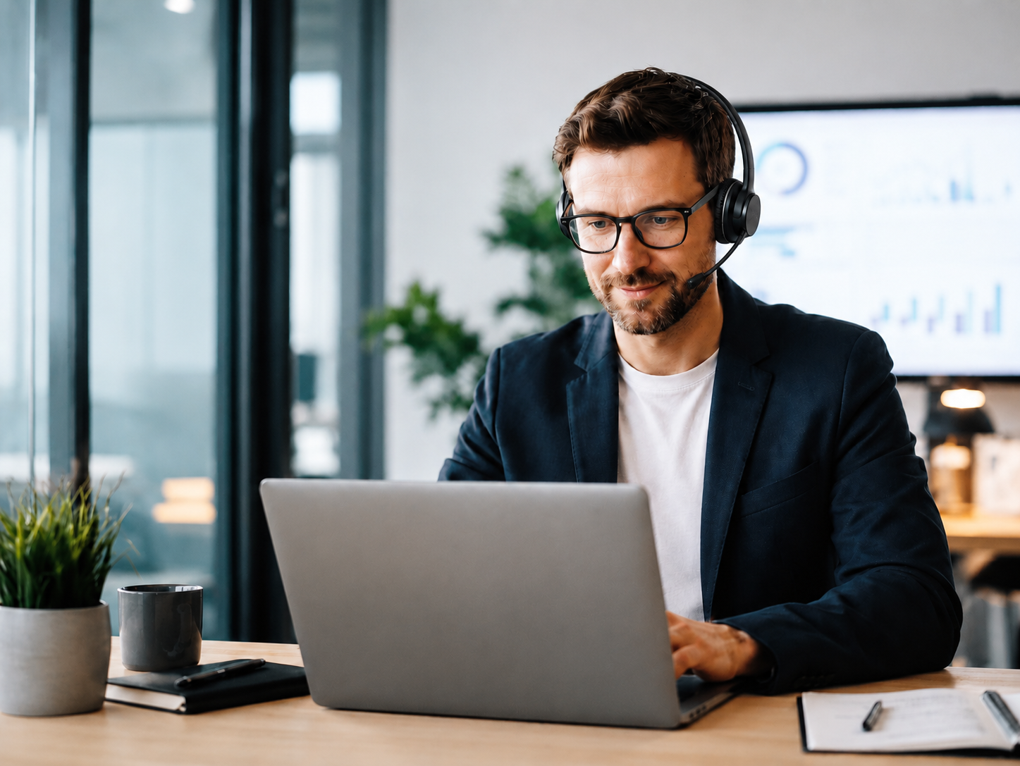 Persönlicher Ansprechpartner mit Headset berät Unternehmen zur KI-gestützten Softwareentwicklung