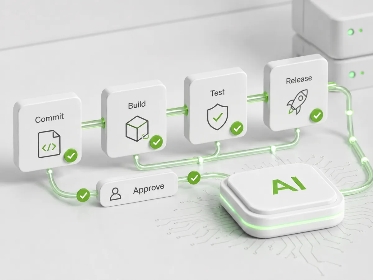 KI-gestützter CI/CD-Workflow von Commit über Build und Test bis zum Release