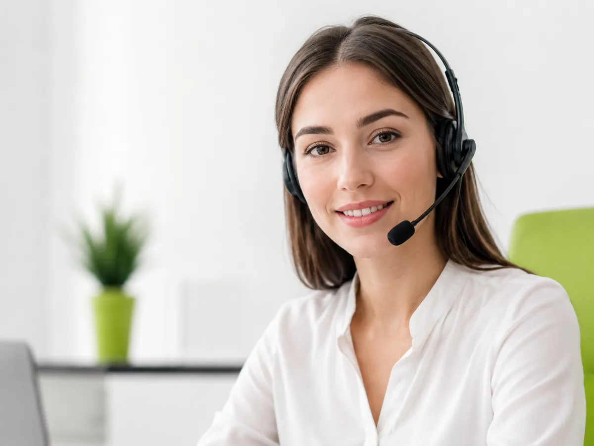 Freundliche Ancud-IT-Supportmitarbeiterin mit Headset für persönliche KI-Beratung und technischen Kundenservice