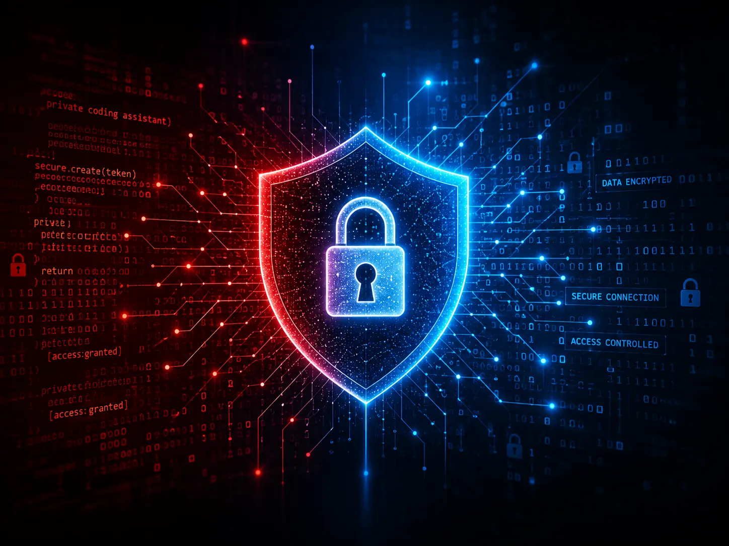 Digitale Sicherheitsarchitektur mit KI-Modell, Servern, Datenschutz und geschützten Netzwerken