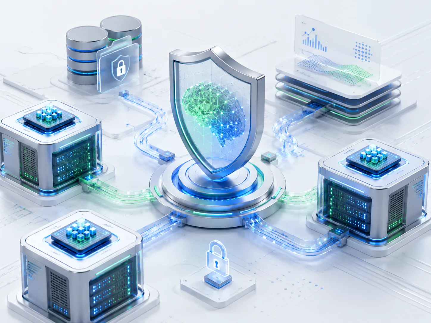 Sichere KI-Infrastruktur mit geschützten Datenströmen, Servern und neuronalen Netzwerken