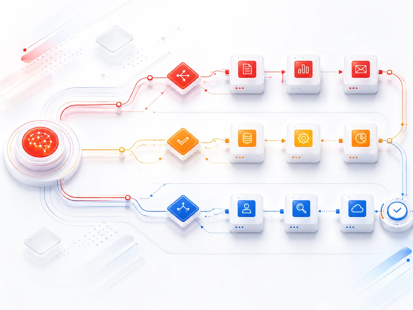 Automatisierter KI-Workflow mit verbundenen Prozessschritten, Datenbanken und Anwendungen