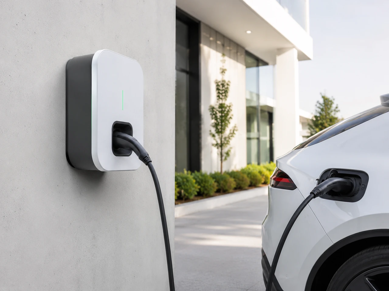 Wallbox am Unternehmensgebäude zum Laden eines Elektrofahrzeugs