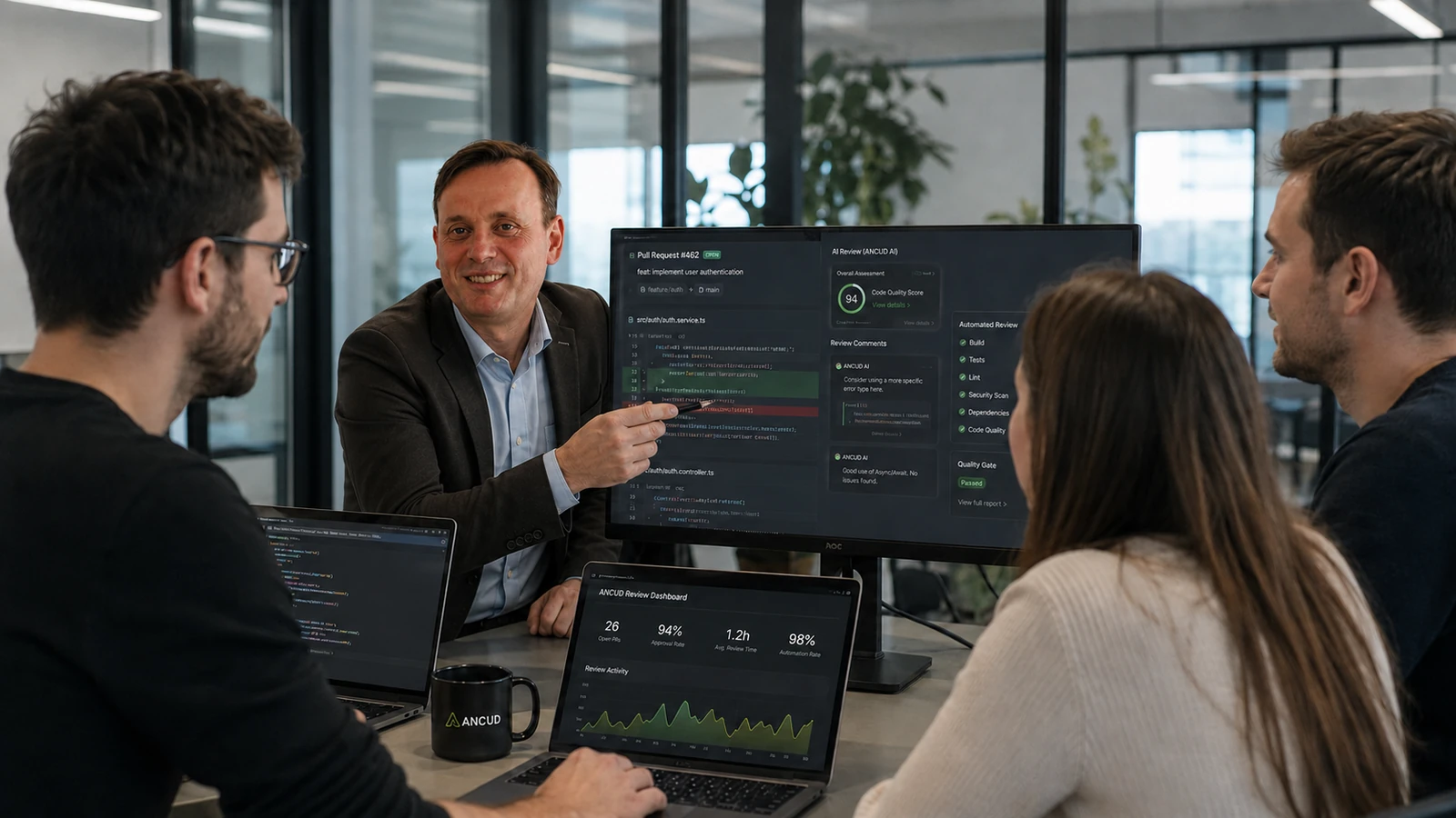 ANCUD-IT-Experte bewertet mit einem Entwicklungsteam die Ergebnisse eines automatisierten Code Reviews