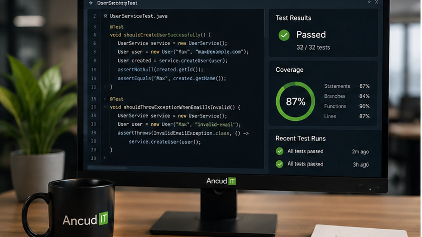 Automatisierte Testgenerierung mit Quellcode, generierten Unit Tests, Coverage und erfolgreichen Testläufen