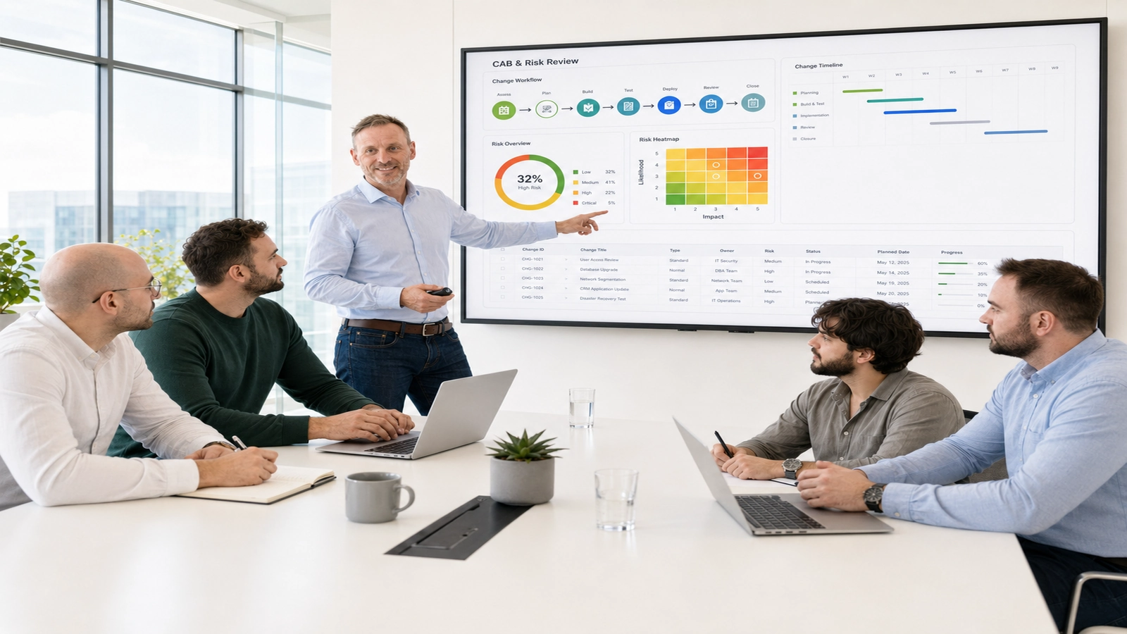 Change Advisory Board und CAB Risk Review mit Risikomatrix, Zeitplan und Teammeeting