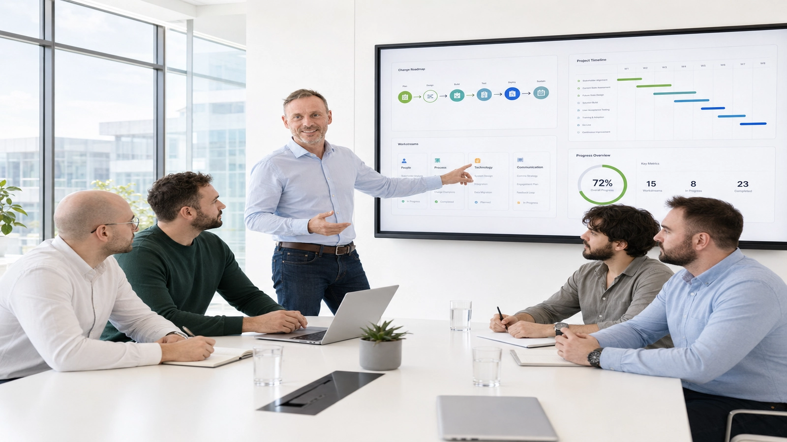 Change Management Beratung mit Führungskraft und Team vor einer digitalen Projekt- und Prozessübersicht