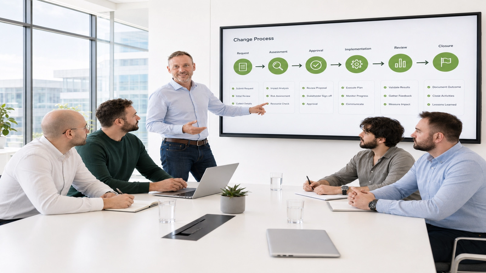 Change Management Prozess nach ITIL mit Request, Assessment, Approval, Implementation, Review und Closure