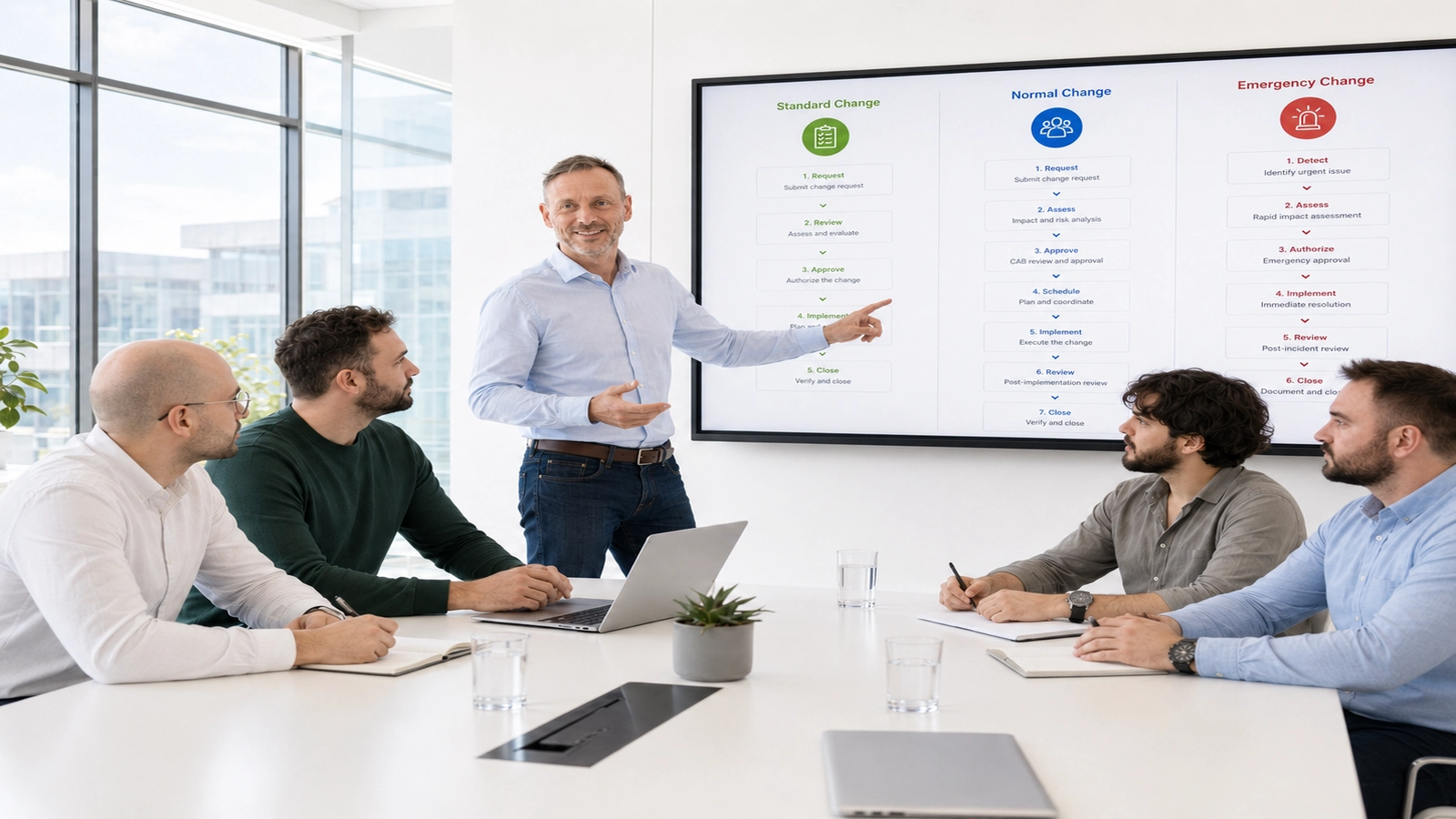 Standard Change, Normal Change und Emergency Change im Vergleich mit Team und Prozessübersicht