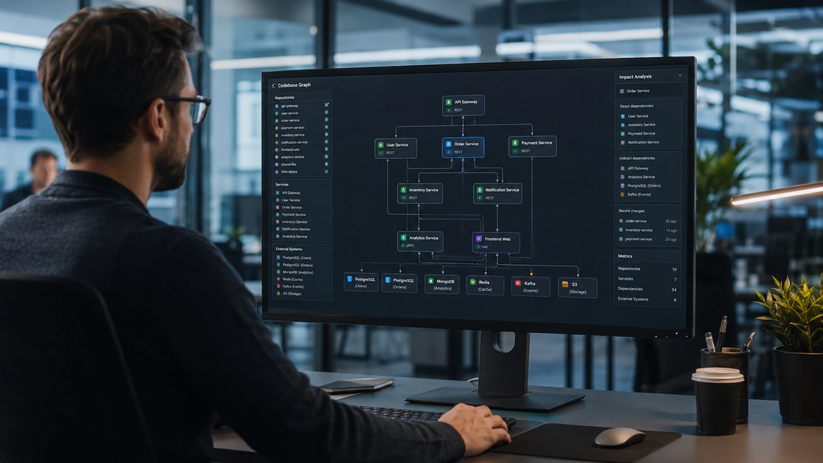 Analyse eines Codegraphen mit Services, APIs und Datenbank-Abhängigkeiten
