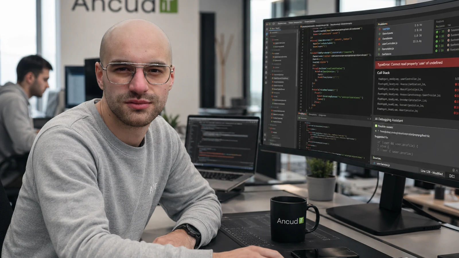 Entwickler nutzt KI-Debugging zur Analyse von Softwarefehlern bei ANCUD IT
