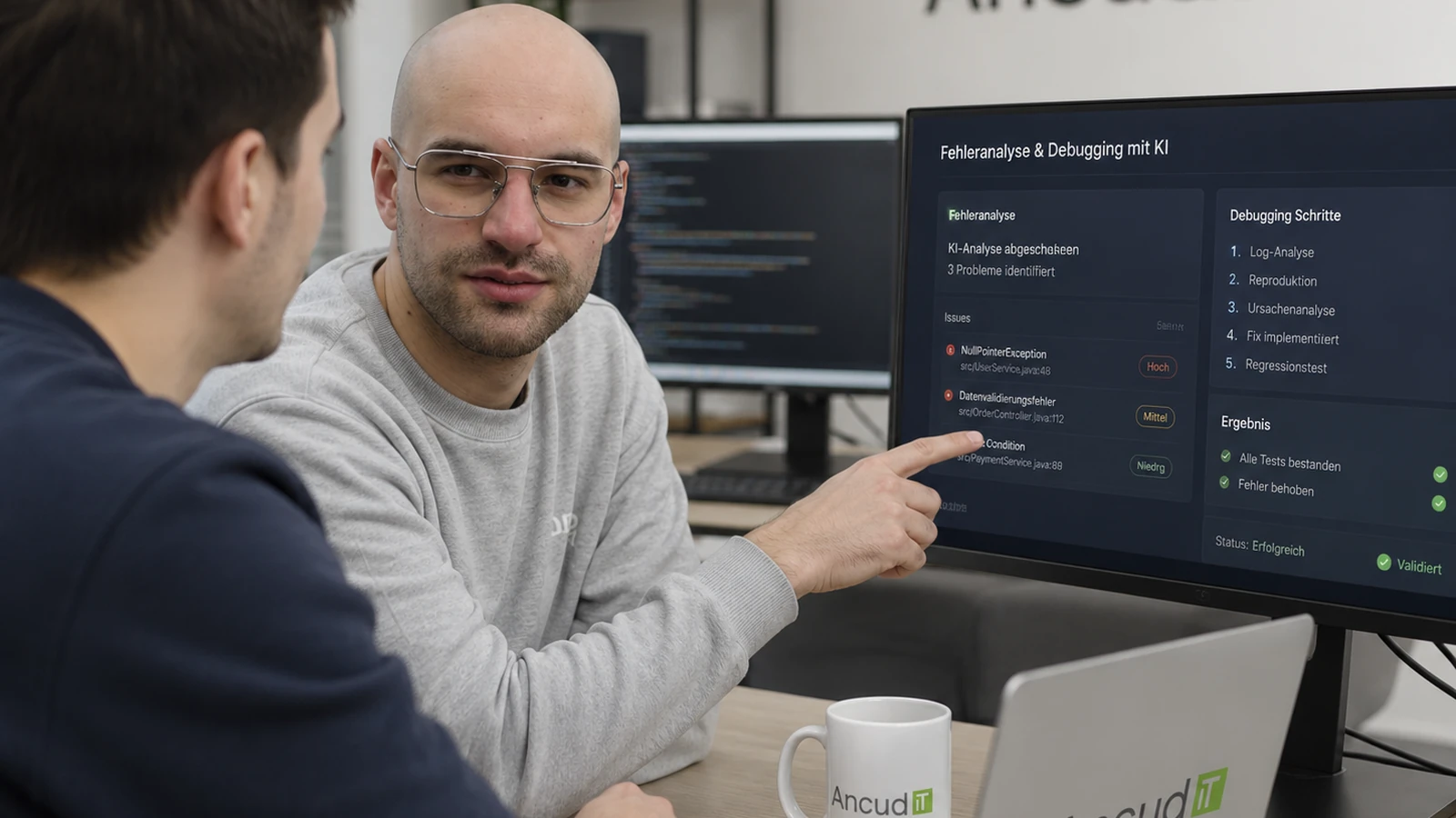 Entwicklungsteam bespricht Fehleranalyse und Debugging mit KI bei ANCUD IT