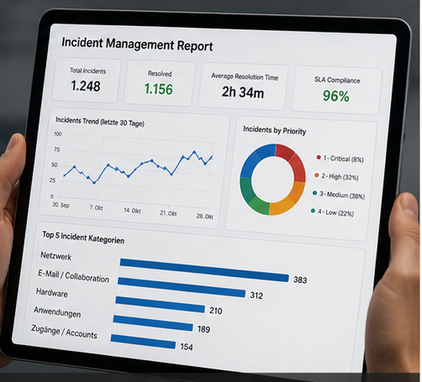 Incident Management Reporting Dashboard mit Incident Trends, Prioritäten, MTTA, MTTR und SLA Compliance