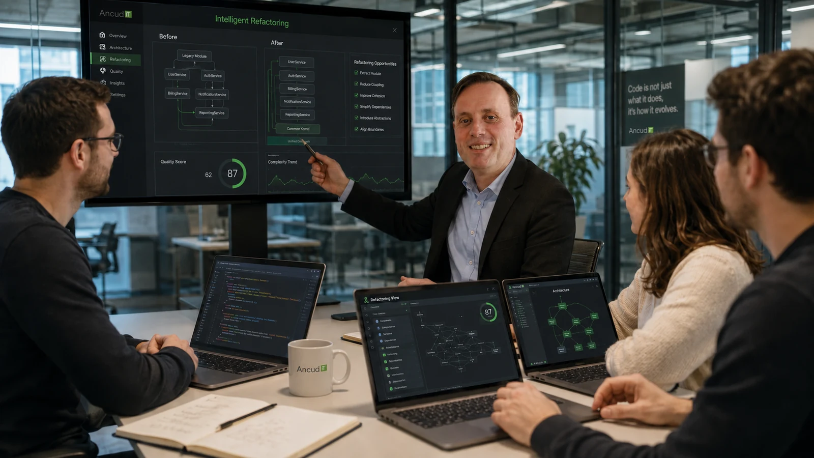ANCUD-IT-Experte bespricht mit einem Entwicklungsteam intelligentes Refactoring und kontrollierte Codeverbesserungen