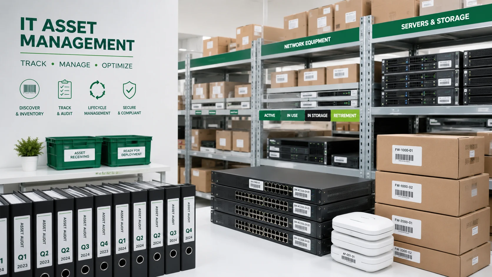 IT Asset Management Lager mit inventarisierten Servern, Netzwerkgeräten, Asset-Tags und Hardware-Bestand