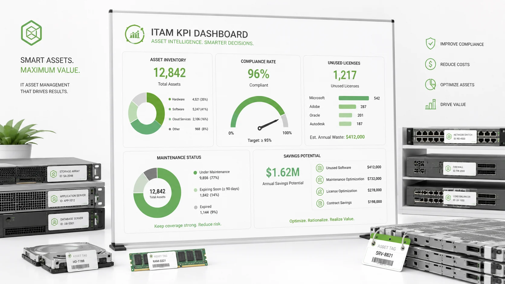 ITAM KPI Dashboard für Asset Inventory, Compliance, ungenutzte Lizenzen und Kostenoptimierung