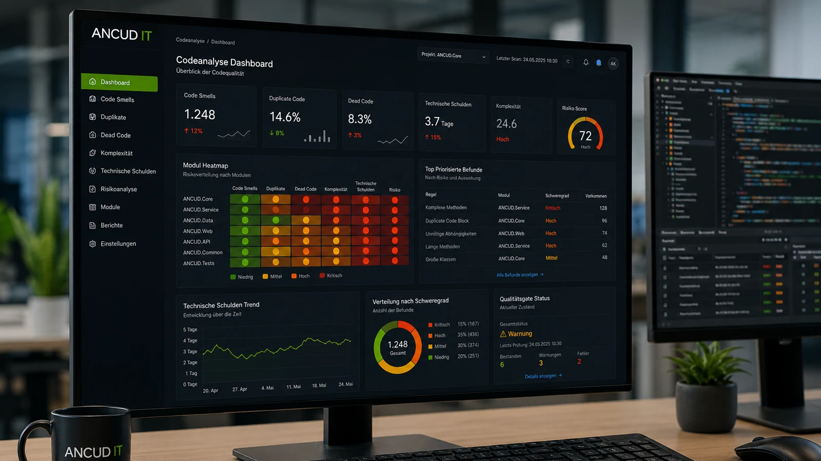 Codeanalyse Dashboard mit Code Smells, Duplicate Code, Dead Code und Technical Debt
