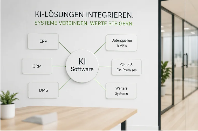 KI-Software integriert ERP, CRM, DMS, Datenquellen, APIs sowie Cloud- und On-Premises-Systeme