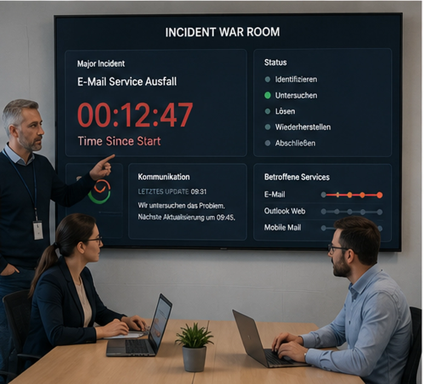 Major Incident War Room mit technischer Behebung und paralleler Stakeholder-Kommunikation