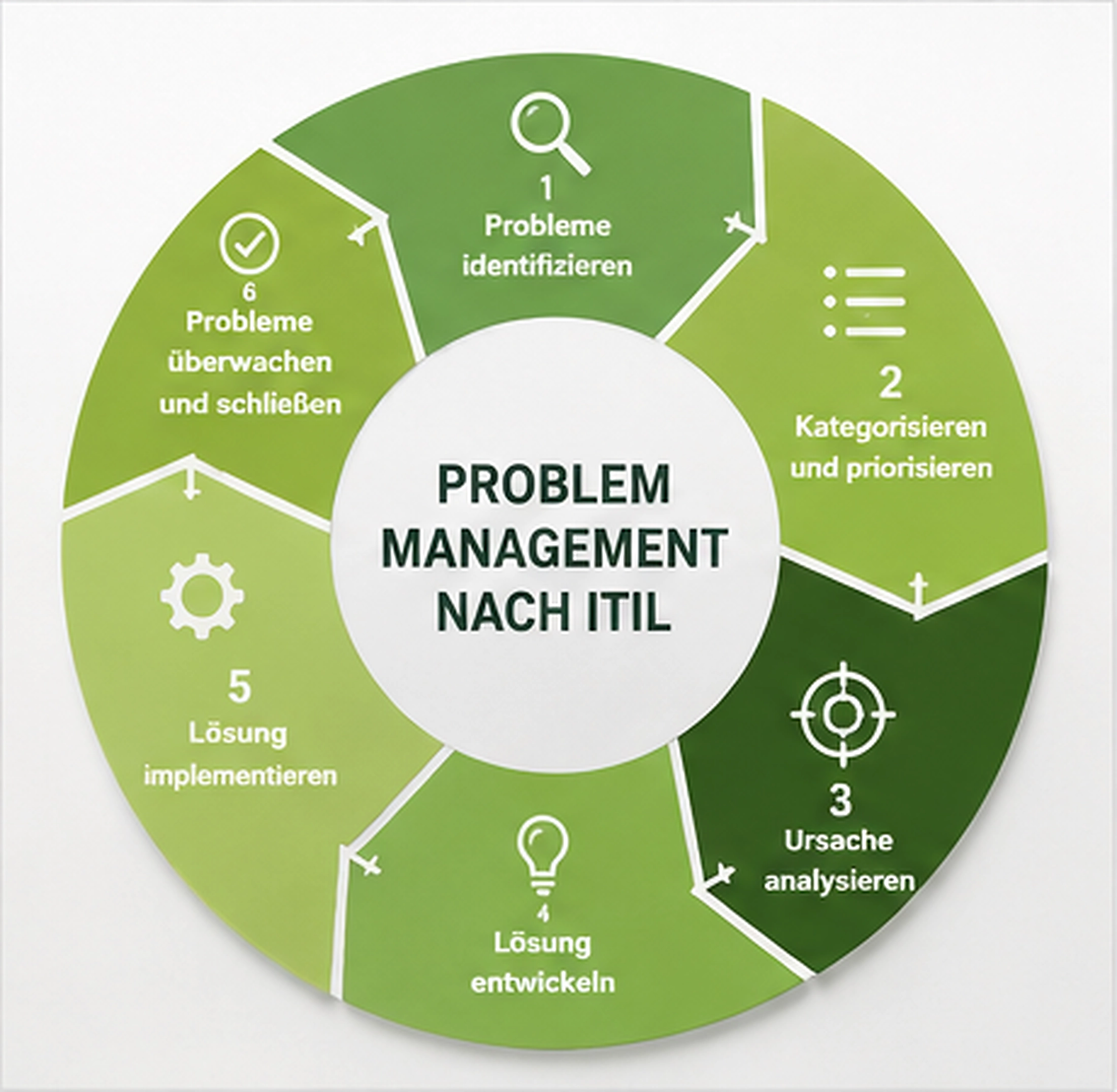 Problem Management Prozess nach ITIL mit Identifikation, Priorisierung, Ursachenanalyse, Lösungsentwicklung, Umsetzung und Abschluss