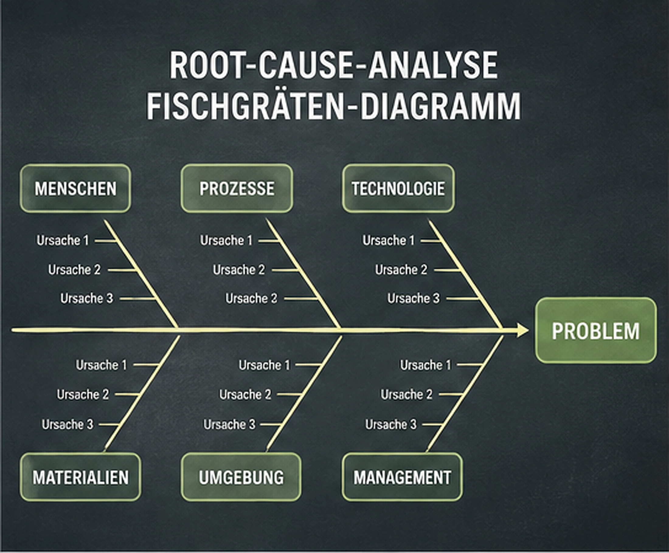 Root Cause Analyse mit Fischgrätendiagramm für Menschen, Prozesse, Technologie, Materialien, Umgebung und Management
