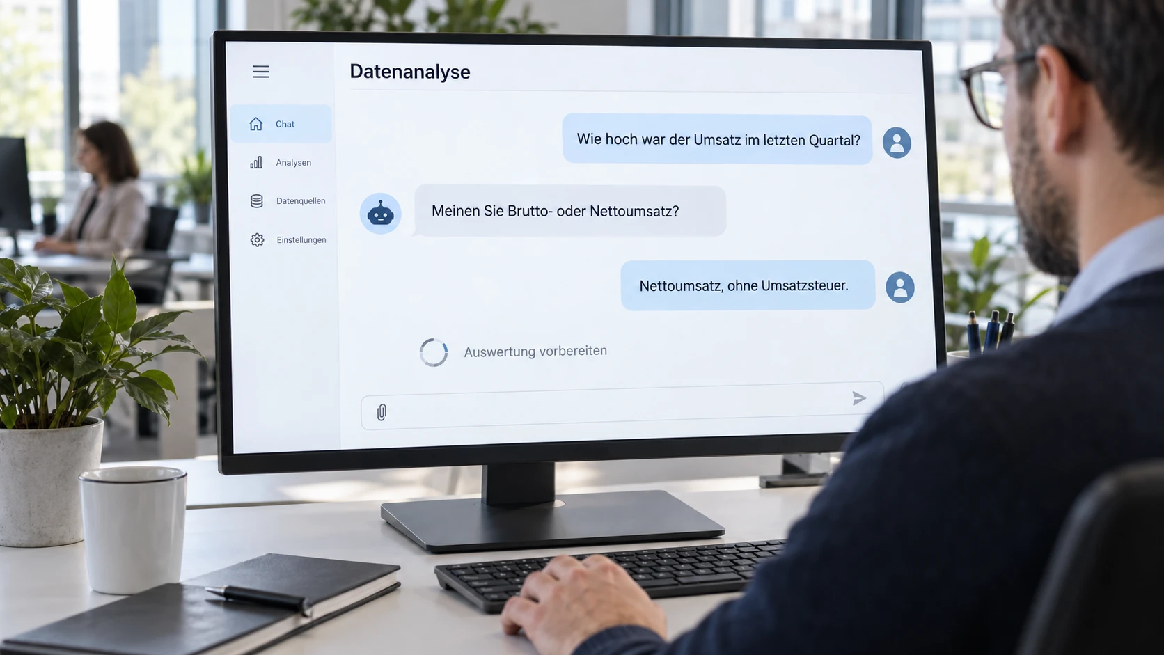 Dialog zwischen Anwender und Analysesystem mit Rückfrage zu einer mehrdeutigen Kennzahl