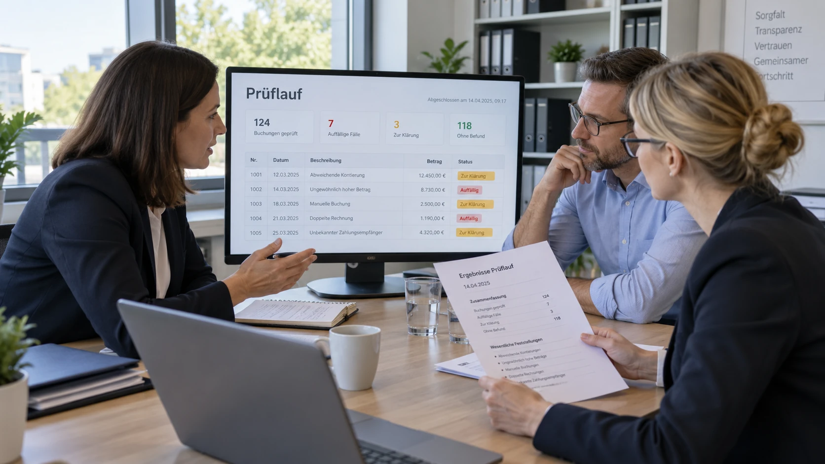 Buchhaltung und interne Revision besprechen bewertete Auffälligkeiten aus einem Prüflauf