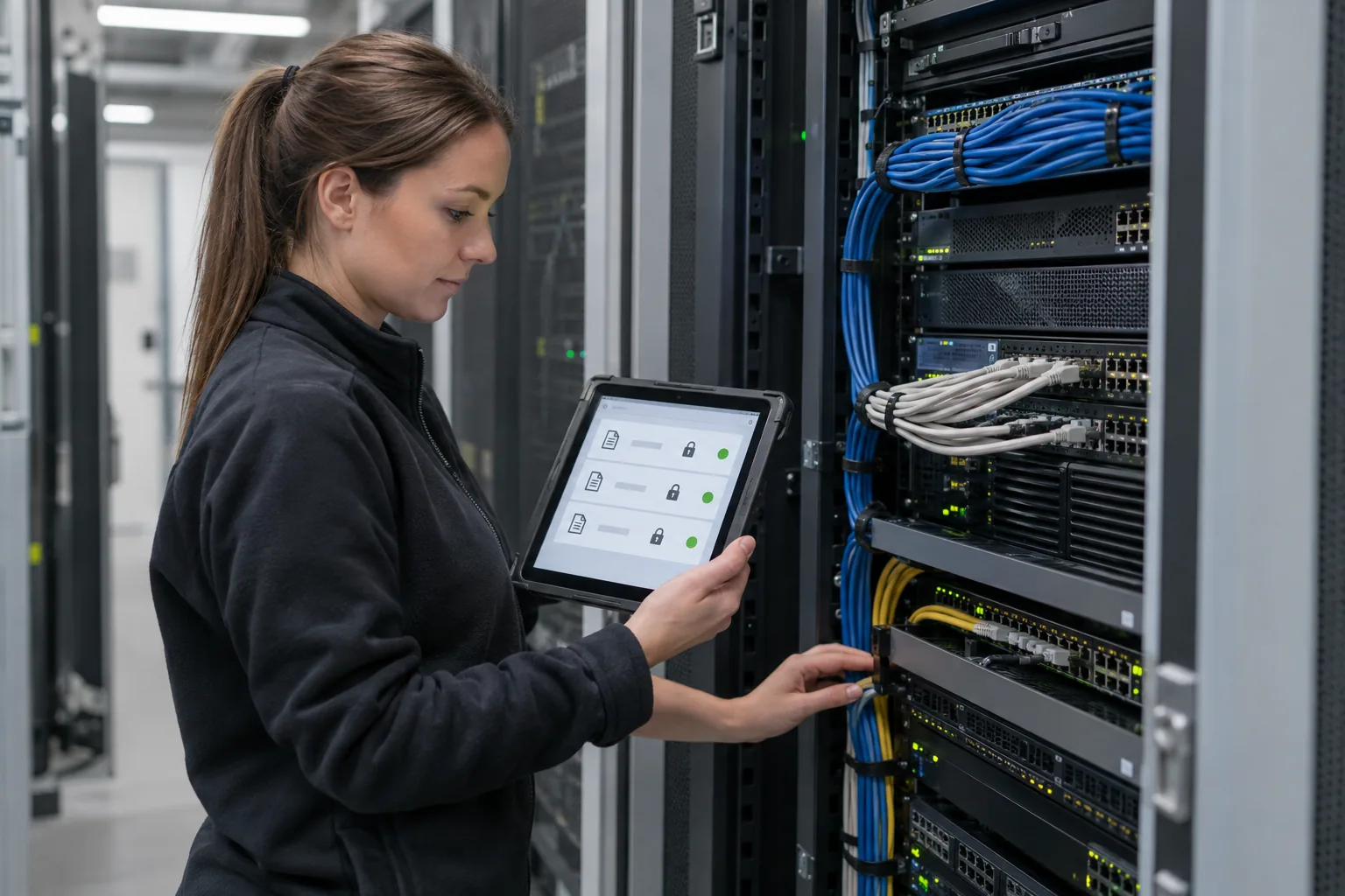 Technikerin am Serverschrank, Sinnbild für den kontrollierten Datenzugang bei automatischer FAQ-Generierung
