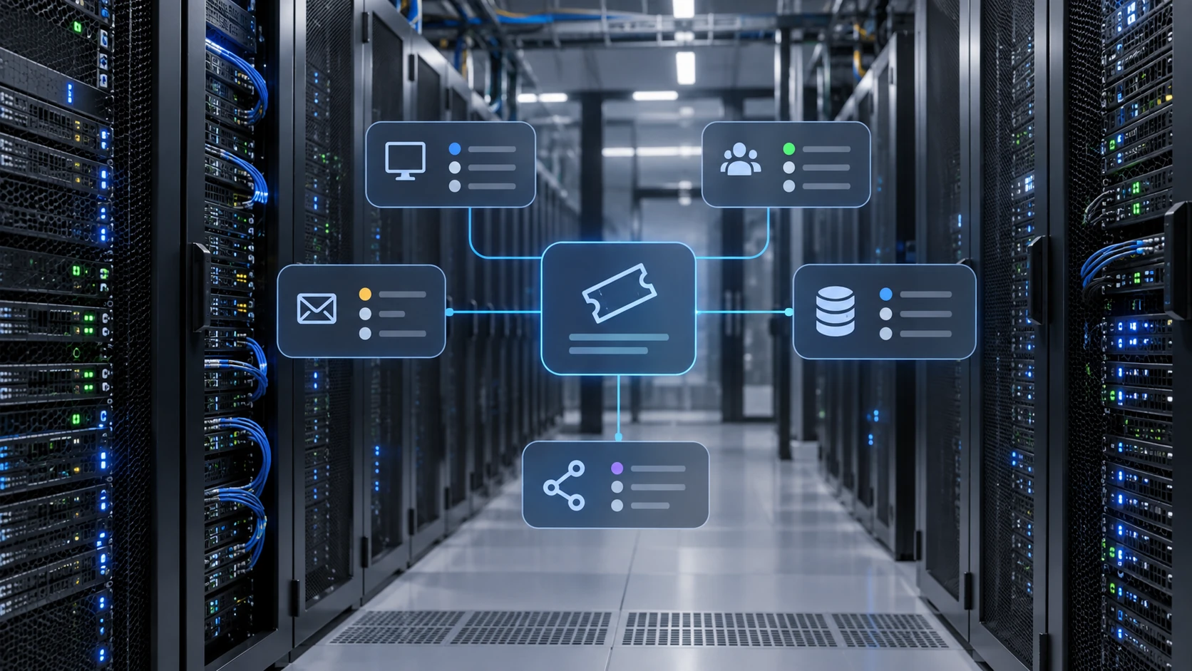 Netzwerkstruktur als Sinnbild für die Anbindung der automatisierten Ticket-Triage an bestehende Helpdesk-Systeme