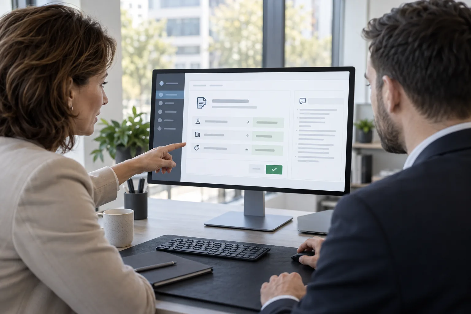 Zwei Personen prüfen gemeinsam am Bildschirm die Freigabe eines automatisch erzeugten CRM-Eintrags