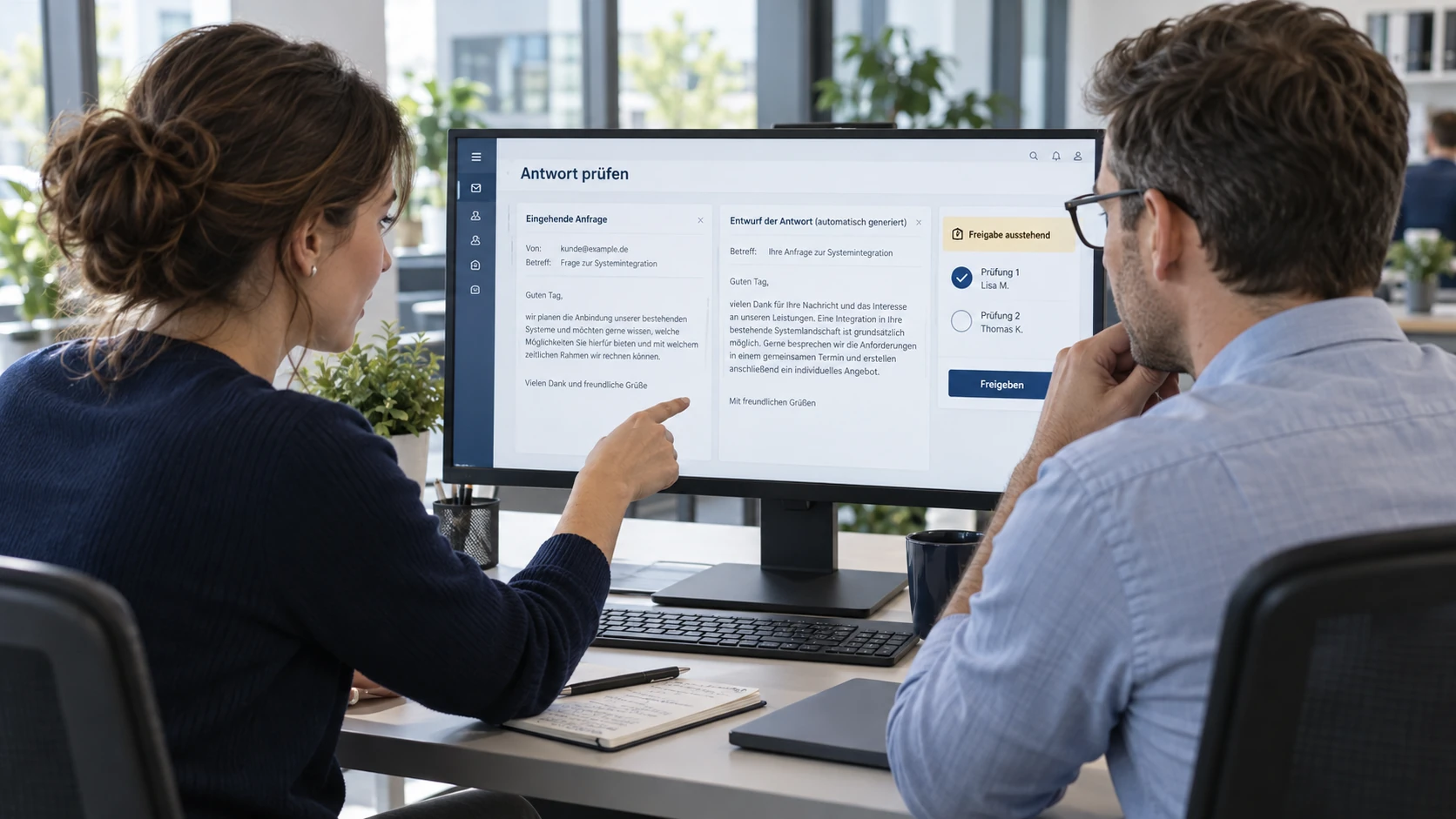 Zwei Personen besprechen am Bildschirm die Freigabe automatisch erzeugter Antworten