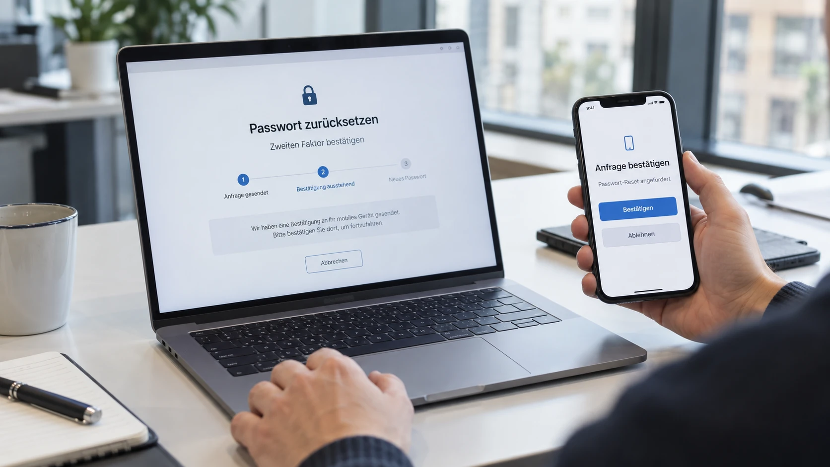 Anmeldemaske mit Bestätigung über einen zweiten Faktor als Absicherung eines automatisierten Passwort-Resets