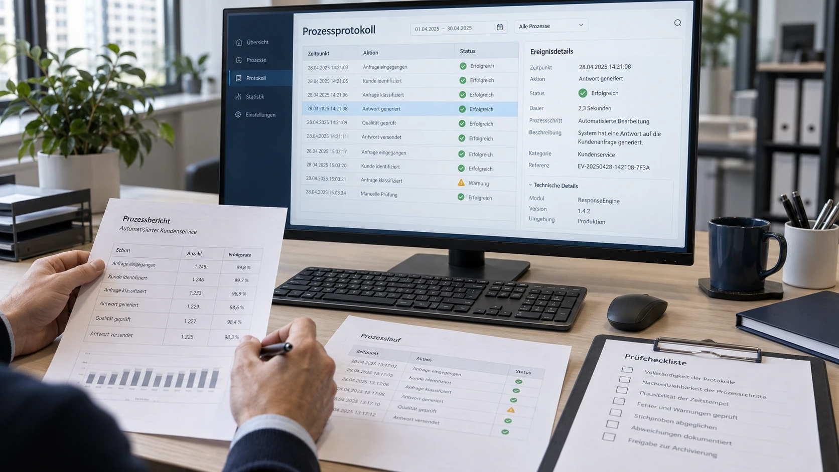 Unterlagen und Bildschirm bei der Prüfung von Protokollen eines automatisierten Serviceprozesses