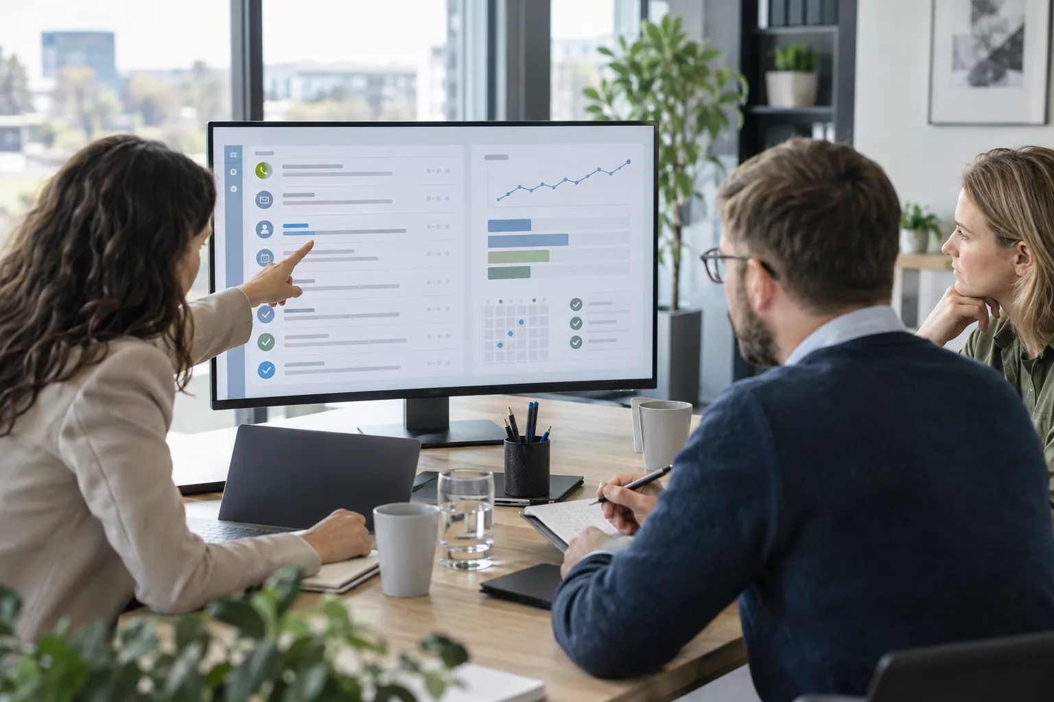Vertriebsteam wertet Protokolle der Follow-up-Automatisierung in einer Besprechung aus