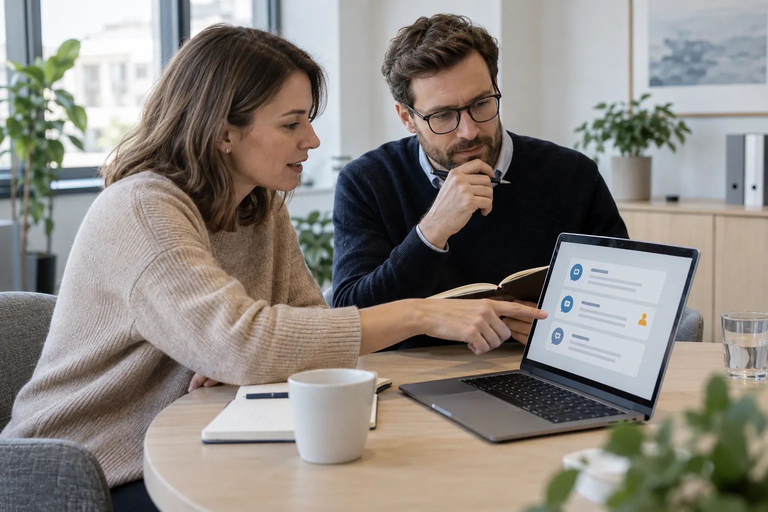 Zwei Beschäftigte der Personalabteilung besprechen Anfragen, die ein HR-Chatbot bereits vorbeantwortet hat