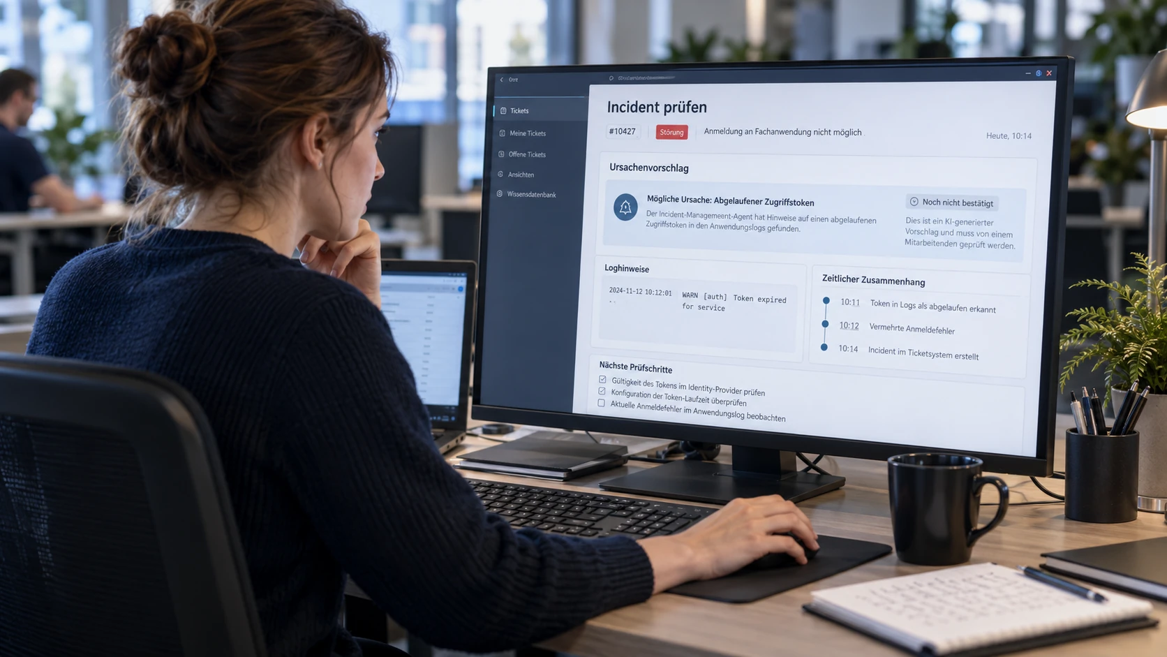 Mitarbeiterin des Service Desks prüft im Ticketsystem den Ursachenvorschlag eines Incident-Management-Agenten