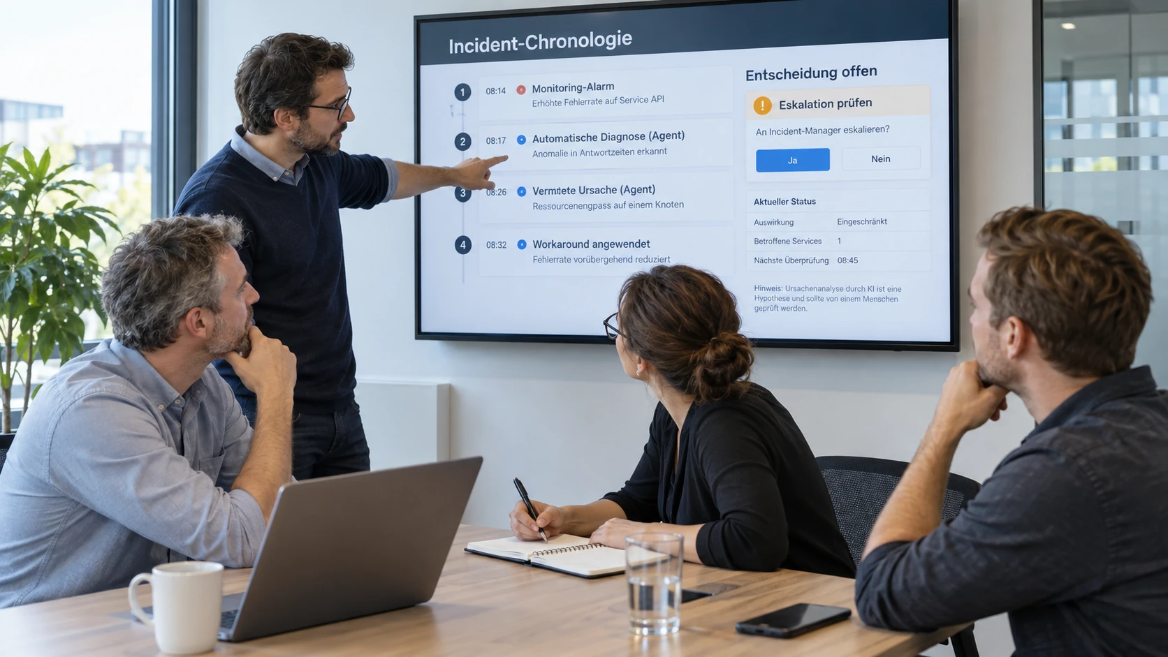 Team entscheidet über Eskalation, während der Incident-Management-Agent die Chronologie liefert