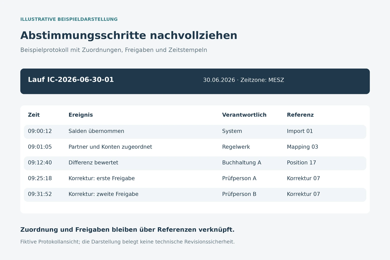 Protokollansicht eines Abstimmungslaufs mit Zuordnungen, Freigaben und Zeitstempeln