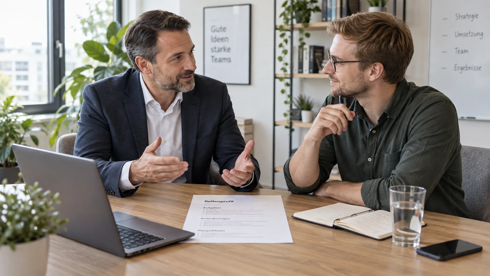 Führungskraft und Mitarbeiter im Gespräch über eine interne Projektrolle