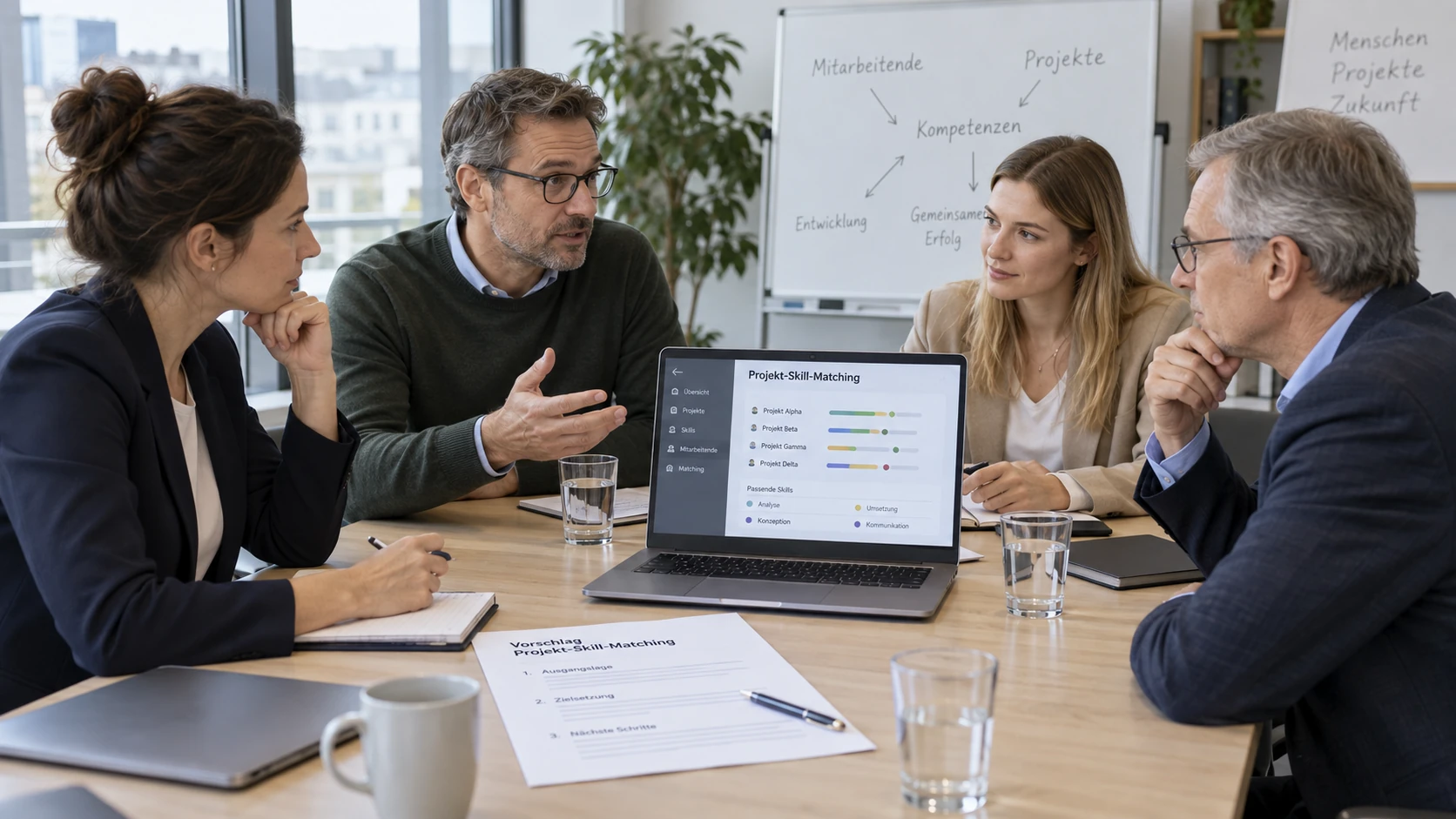 Vertreter von Personalabteilung und Betriebsrat besprechen die Einführung von Skill-Matching für interne Projekte