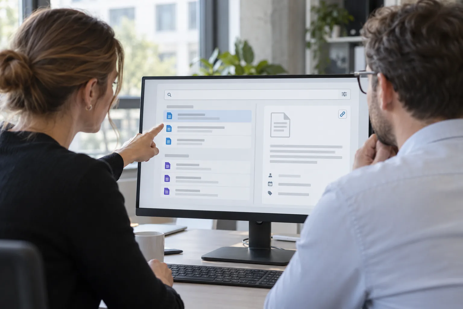 Zwei Personen prüfen am Bildschirm Inhalte, die ein interner KI-Suchassistent aus SharePoint und Confluence erschließt