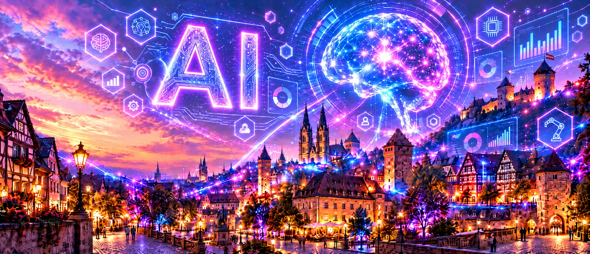 KI-Beratung in Nürnberg von Ancud IT mit AI-Hologramm und digitalisierter Nürnberger Altstadt