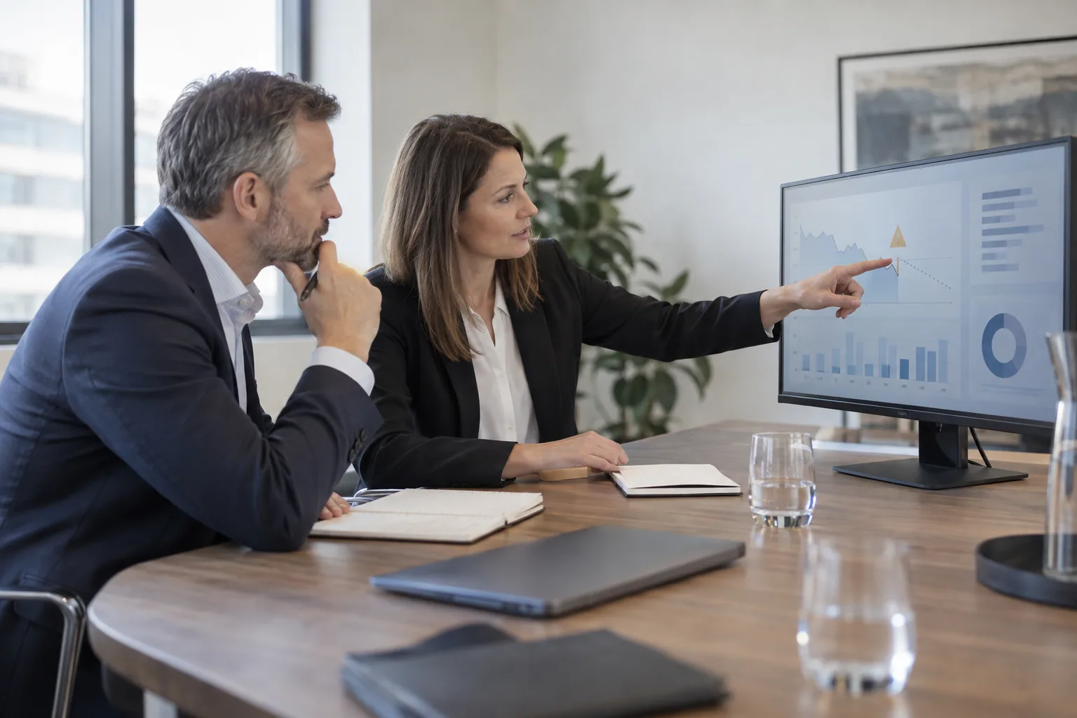 Finanzleitung und Geschäftsführung besprechen eine Warnmeldung aus der Liquiditätsplanung