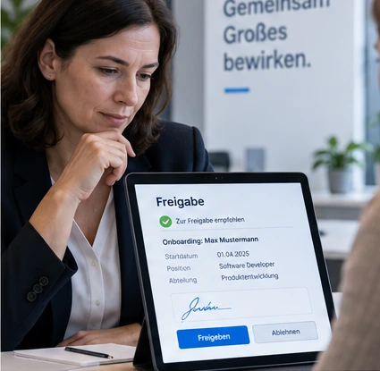 Personalverantwortliche prüft eine Freigabe im Rahmen der Onboarding-Automatisierung