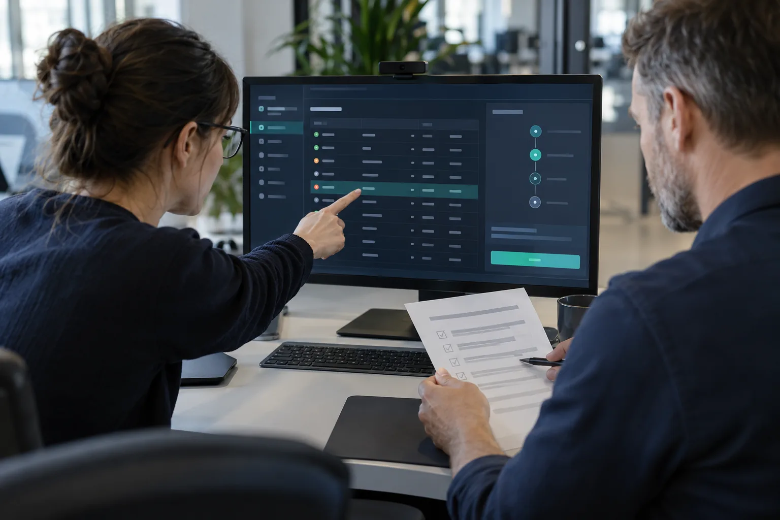 Zwei Personen prüfen gemeinsam eine Freigabe für automatisierte Maßnahmen im IT-Betrieb